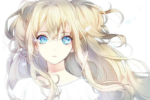 Anime picture 1000x667 with vocaloid seeu tyuh (pixiv) single long hair looking at viewer fringe blue eyes blonde hair simple background white background wind symbol-shaped pupils portrait girl star (symbol)