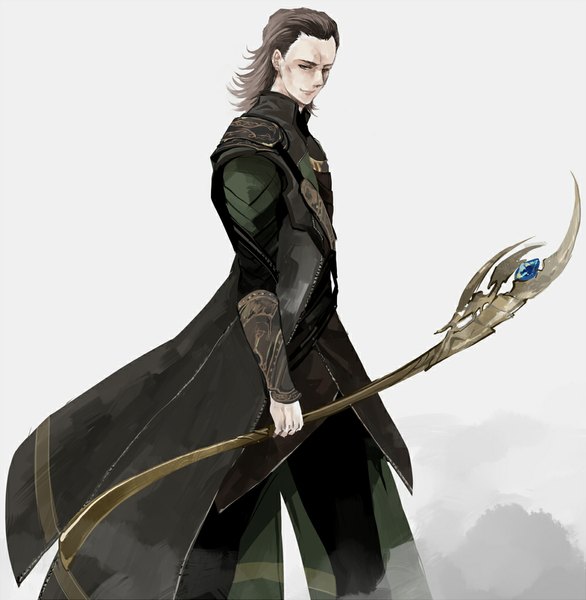 Anime picture 1000x1024 with thor marvel comics loki (thor) single tall image short hair black hair simple background grey background boy armor staff