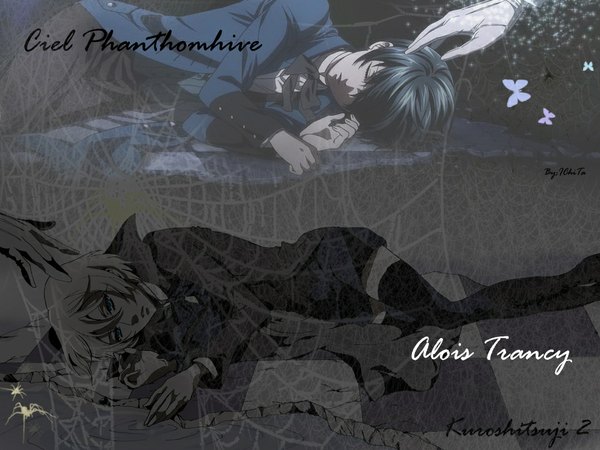 Anime picture 1024x768 with kuroshitsuji a-1 pictures ciel phantomhive alois trancy short hair blue eyes black hair blonde hair lying eyes closed multiple boys thighhighs boy black thighhighs shorts insect butterfly 2 boys suit spider