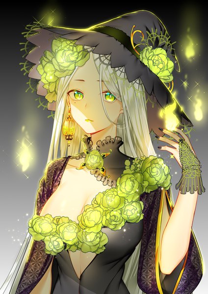 Anime picture 2480x3508 with original maokezi single long hair tall image looking at viewer highres breasts light erotic simple background large breasts green eyes cleavage silver hair upper body nail polish fingernails mole wide sleeves mole under eye