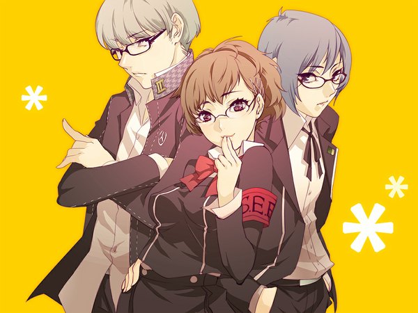 Anime picture 1024x768 with persona 4 persona 3 arisato minato seta souji female protagonist (p3) tamachi kuwa short hair smile red eyes brown hair grey hair black eyes hand on hip group crossed arms yellow background hands in pockets back to back girl boy