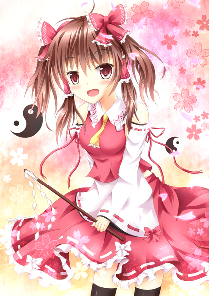 Anime picture 1060x1500 with touhou hakurei reimu roger2 single long hair tall image looking at viewer blush open mouth red eyes brown hair miko girl thighhighs skirt flower (flowers) bow black thighhighs hair bow detached sleeves