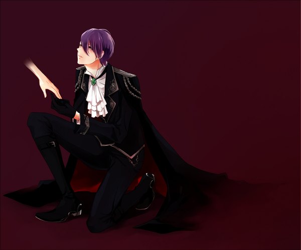 Anime picture 1174x978 with lucky dog giulio di bondone komichi96 single fringe short hair simple background hair between eyes purple eyes purple hair kneeling dark background looking up boy gloves white gloves cloak knee boots neckerchief brooch