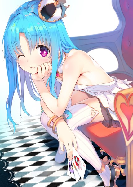 Anime picture 600x839 with original tatami to hinoki single long hair tall image looking at viewer blush open mouth light erotic red eyes sitting bare shoulders blue hair parted lips one eye closed arm support symbol-shaped pupils ;d heart-shaped pupils girl