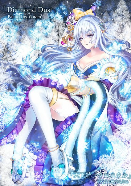 Anime picture 724x1023 with original garam single long hair tall image looking at viewer blue eyes blue hair girl thighhighs dress hair ornament bow white thighhighs bracelet snowflake (snowflakes) snowflake hair ornament