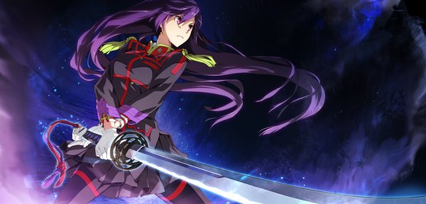 Anime picture 2250x1080 with soushuu senshinkan gakuen hachimyoujin sera mizuki g yuusuke single long hair highres wide image purple eyes game cg purple hair dark background girl weapon sword katana