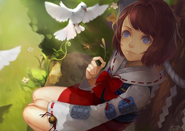 Anime picture 1508x1066 with sengoku basara production i.g tsuruhime 10000 (pixiv) single short hair blue eyes brown hair sitting looking up girl flower (flowers) bow animal bird (birds) bell rope