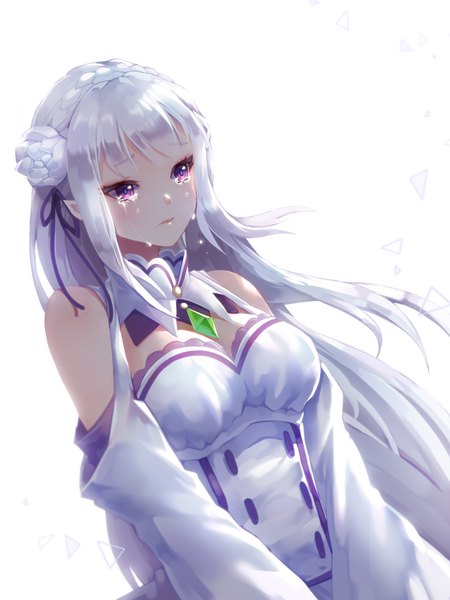 Anime picture 1500x2000 with re:zero kara hajimeru isekai seikatsu white fox emilia (re:zero) ingfox single long hair tall image blush white background purple eyes looking away white hair hair flower pointy ears tears girl dress flower (flowers) detached sleeves