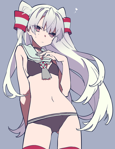 Anime picture 1158x1496 with kantai collection amatsukaze destroyer mochizuki kei single long hair tall image looking at viewer breasts light erotic simple background purple eyes white hair sweat two side up hand on chest ass visible through thighs blue background sweatdrop arm behind back girl