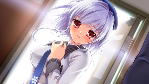 Anime picture 2557x1440 with manatsu no yoru no yuki monogatari shinjou yukina mikeou blush highres short hair open mouth red eyes wide image game cg white hair girl hat