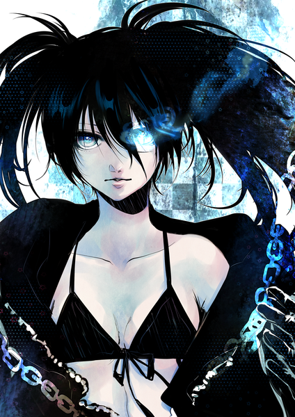 Anime picture 1766x2500 with black rock shooter black rock shooter (character) kumogai otomaru (artist) single long hair tall image highres blue eyes black hair twintails glowing glowing eye (eyes) checkered background girl chain bikini top