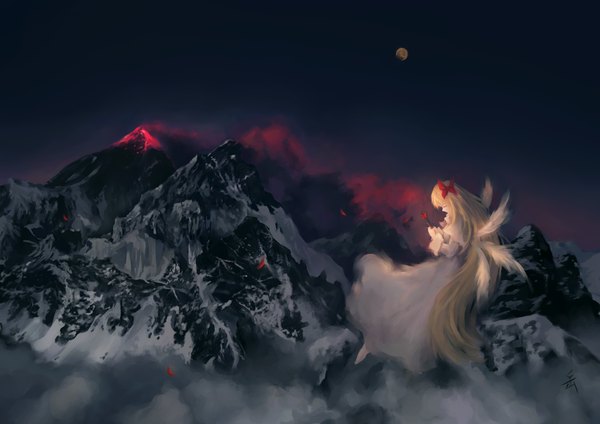 Anime picture 1000x707 with touhou lily white archlich single long hair blonde hair cloud (clouds) eyes closed barefoot night mountain steam girl dress bow hair bow petals wings moon