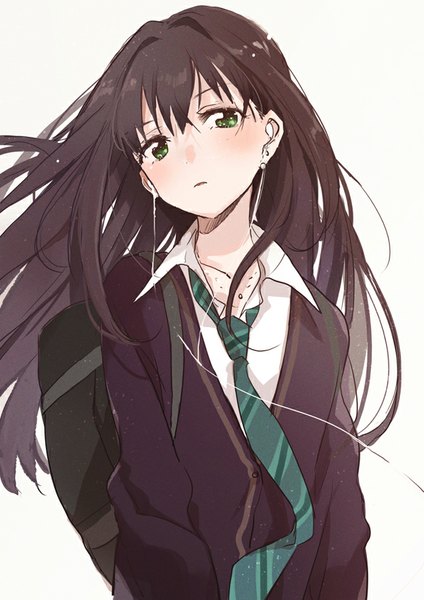 Anime picture 601x851 with idolmaster idolmaster cinderella girls shibuya rin fly (marguerite) single long hair tall image looking at viewer blush fringe simple background brown hair green eyes wind open collar girl uniform school uniform choker necktie