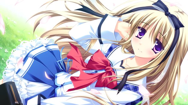 Anime picture 2048x1152 with strawberry nauts suzunae houmi single long hair looking at viewer blush highres blonde hair smile wide image purple eyes game cg girl uniform bow ribbon (ribbons) hair bow hair ribbon school uniform school bag
