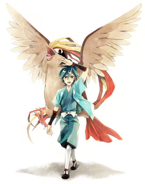 Anime picture 1500x1900 with pokemon nintendo pidgeot hayato (pokemon) tall image short hair open mouth simple background white background traditional clothes japanese clothes aqua eyes aqua hair gen 1 pokemon boy animal bird (birds) wristlet