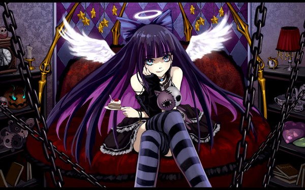 Anime picture 1680x1050 with panty & stocking with garterbelt anarchy stocking as109 single long hair fringe wide image sitting purple hair blunt bangs multicolored hair two-tone hair crossed legs colored inner hair chin rest girl thighhighs bow hair bow wings