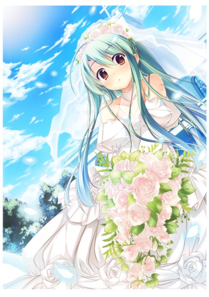 Anime picture 2480x3508 with vocaloid hatsune miku kaho okashii single long hair tall image looking at viewer blush highres bare shoulders yellow eyes sky cloud (clouds) hair flower aqua hair :o wedding girl dress hair ornament