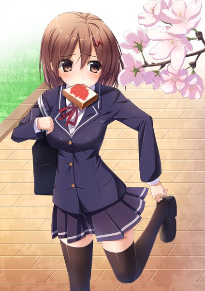 Anime picture 992x1403 with original moe2013 pastel-pastel single tall image blush short hair brown hair brown eyes looking away zettai ryouiki cherry blossoms toast in mouth girl thighhighs skirt uniform black thighhighs plant (plants) school uniform