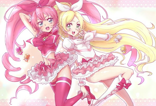 Anime picture 1115x758 with precure suite precure toei animation houjou hibiki minamino kanade cure melody cure rhythm sumiosmith long hair blush open mouth blue eyes blonde hair twintails multiple girls green eyes pink hair ponytail girl thighhighs
