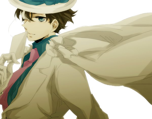Anime picture 1078x846 with detective conan magic kaito kaito kid chiba narita single blue eyes simple background brown hair white background boy hat necktie cloak suit card (cards)