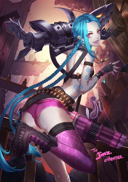 Anime picture 874x1240 with league of legends jinx (league of legends) gu-ko citemer single tall image open mouth light erotic smile bare shoulders blue hair bent knee (knees) ass braid (braids) very long hair pink eyes looking back from behind tattoo twin braids leg lift (legs lift)