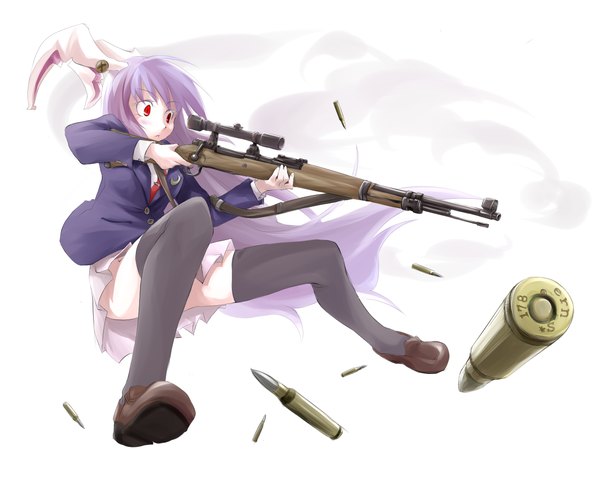 Anime picture 1250x1000 with touhou reisen udongein inaba red eyes white background purple hair bunny ears bunny girl smoke girl thighhighs skirt weapon gun rifle