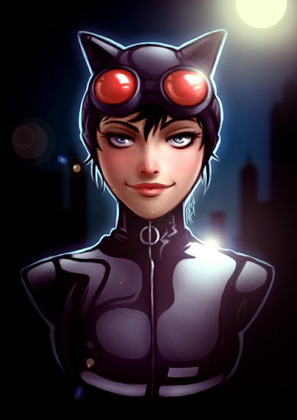 Anime picture 842x1191 with batman dc comics cat woman rafaarsen single tall image fringe short hair black hair smile lips grey eyes lipstick red lipstick goggles on head girl headdress suit goggles