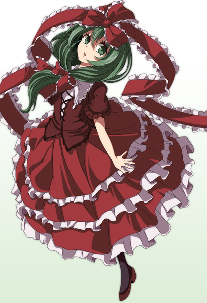 Anime picture 1714x2500 with touhou kagiyama hina s-syogo single long hair tall image looking at viewer highres open mouth green eyes green hair girl dress skirt bow hair bow frills skirt set