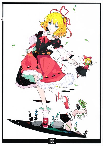 Anime picture 4296x6097 with touhou medicine melancholy su-san ideolo tall image looking at viewer highres short hair blue eyes blonde hair smile white background multiple girls absurdres scan holding hands fantasy minigirl fairy girl
