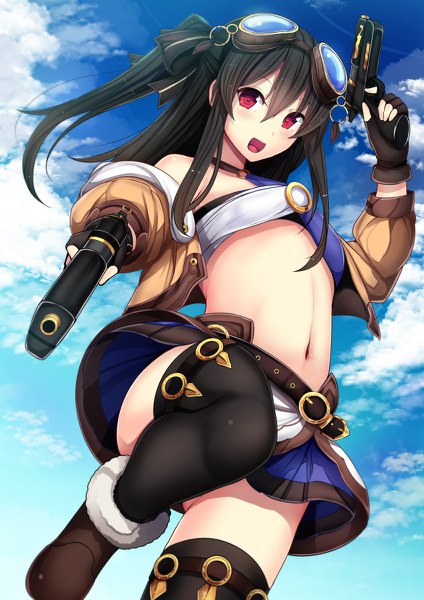 Anime picture 848x1200 with choujigen game neptune uni (choujigen game neptune) daiaru long hair tall image looking at viewer blush fringe open mouth light erotic black hair hair between eyes red eyes sky cloud (clouds) bent knee (knees) outdoors pleated skirt from below looking down