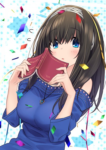 Anime picture 2507x3541 with idolmaster idolmaster cinderella girls sagisawa fumika baffu single long hair tall image looking at viewer blush fringe highres breasts open mouth blue eyes black hair hair between eyes holding upper body off shoulder dutch angle