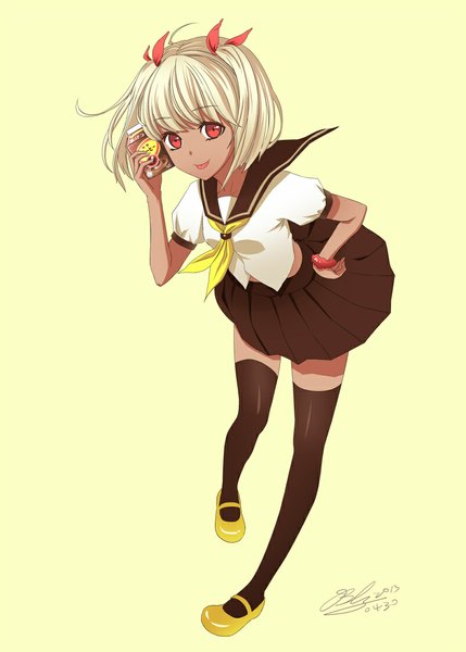 Anime picture 800x1118 with original 1991 (blz) single tall image looking at viewer short hair blonde hair simple background smile red eyes holding signed pleated skirt bare belly leaning zettai ryouiki leaning forward hand on hip :p yellow background