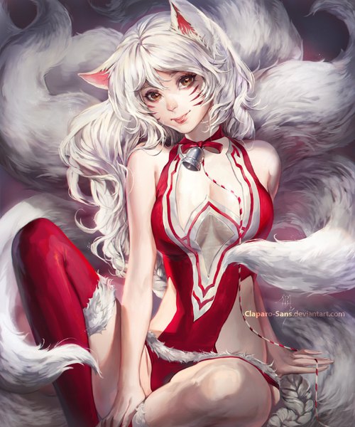 Anime picture 917x1100 with league of legends ahri (league of legends) claparo-sans single long hair tall image looking at viewer fringe light erotic hair between eyes sitting animal ears yellow eyes bent knee (knees) white hair tail head tilt animal tail light smile lips