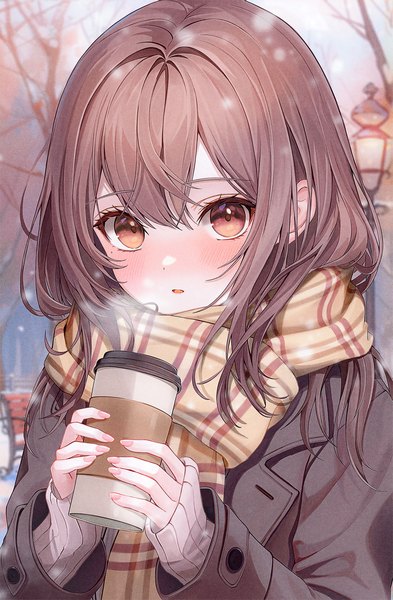 Anime picture 1376x2099 with original funii single long hair tall image looking at viewer blush fringe hair between eyes brown hair brown eyes upper body outdoors long sleeves nail polish sleeves past wrists snowing winter exhalation pink nail polish