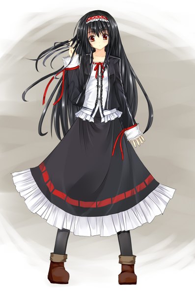 Anime picture 1136x1715 with original pixiv fantasia niboss single long hair tall image black hair red eyes standing girl dress hairband