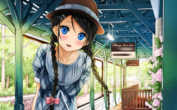 Anime picture 2560x1600 with original kantoku single long hair looking at viewer blush highres open mouth blue eyes black hair wide image braid (braids) wallpaper cropped girl dress flower (flowers) bow hair bow hat