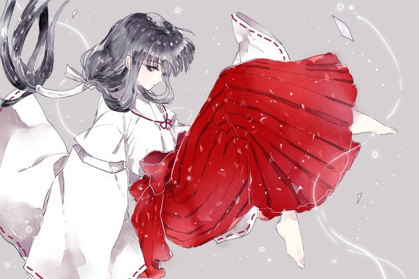 Anime picture 1200x800 with inuyasha kikyou (inuyasha) ahma single long hair fringe black hair simple background full body bent knee (knees) traditional clothes japanese clothes profile barefoot black eyes grey background miko weightlessness girl hair tubes