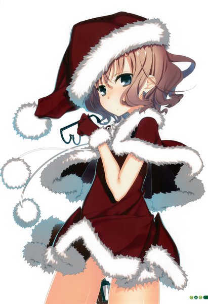 Anime picture 2398x3500 with kagome (traumatize) single tall image looking at viewer blush highres short hair blue eyes light erotic simple background brown hair standing white background scan fur trim christmas eyewear removed girl dress gloves