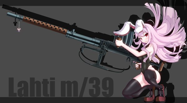 Anime picture 1300x716 with touhou reisen udongein inaba tama (speedgrapher) single long hair blush red eyes wide image bare shoulders animal ears purple hair bunny ears bunny girl girl thighhighs weapon black thighhighs gun