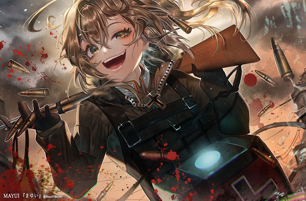 Anime picture 920x605 with youjo senki tanya degurechaff yukisaki mayui single long hair looking at viewer open mouth black hair blonde hair smile holding brown eyes cloud (clouds) arm up lips sparkle smoke crazy girl uniform