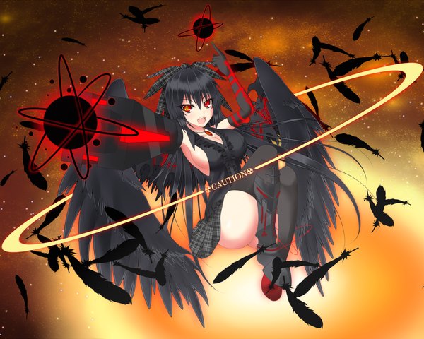 Anime picture 2000x1600 with touhou reiuji utsuho gmot single long hair highres breasts open mouth light erotic black hair red eyes large breasts arm cannon girl thighhighs dress gloves bow weapon black thighhighs
