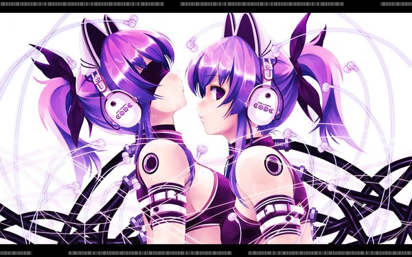 Anime picture 1920x1200 with exit tunes cradle (artist) highres light erotic wide image purple eyes multiple girls animal ears purple hair ponytail cat ears letterboxed siblings twins purple background blindfold girl 2 girls headphones cable