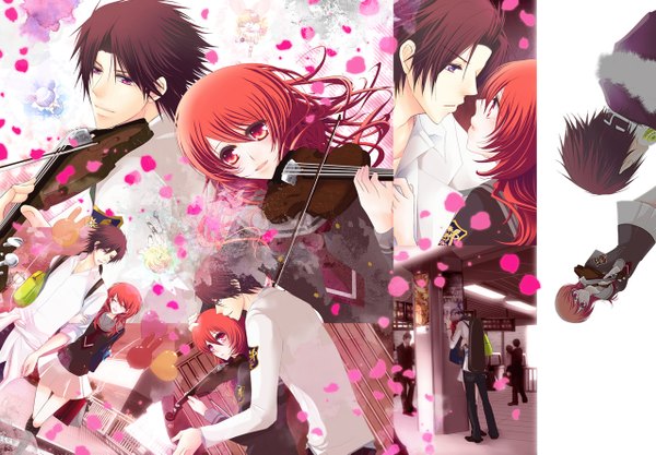 Anime picture 1278x889 with la corda d'oro hino kahoko etou kiriya long hair blush short hair red eyes brown hair purple eyes red hair wind hug multiview kiss almost kiss street fairy music girl boy