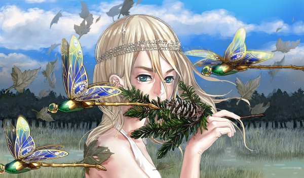 Anime picture 1200x702 with original hikanimi long hair looking at viewer blue eyes blonde hair wide image bare shoulders holding sky cloud (clouds) wind flying insect wings girl dress hair ornament plant (plants) wings tree (trees)