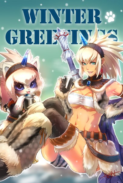 Anime picture 1000x1481 with monster hunter kirin (armor) non (nonzile) long hair tall image looking at viewer breasts blue eyes light erotic blonde hair smile purple eyes horn (horns) girl weapon earrings animal cat