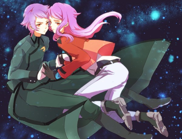 Anime picture 1300x1000 with mobile suit gundam mobile suit gundam 00 sunrise (studio) anew returner revive revival yy888s long hair short hair red eyes multiple girls pink hair holding hands face to face space weightlessness girl gloves uniform 2 girls