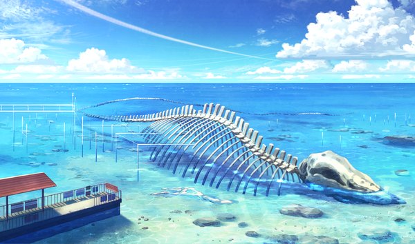 Anime picture 1320x780 with original juuyonkou wide image sky cloud (clouds) horizon no people skeleton water sea stone (stones) dinosaur