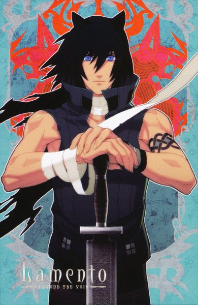 Anime picture 1040x1600 with lamento nitro+chiral asato single long hair tall image blue eyes black hair bare shoulders animal ears cat ears inscription tattoo boy weapon bandage (bandages) vest