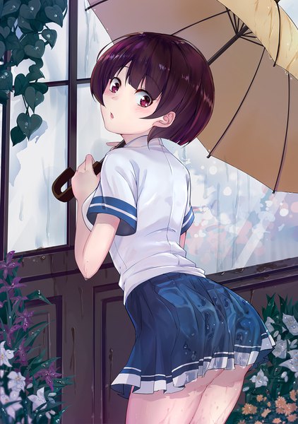 Anime picture 1200x1704 with luo jie single tall image looking at viewer blush short hair light erotic black hair red eyes holding ass parted lips looking back from behind :o short sleeves wet leaning leaning forward looking down