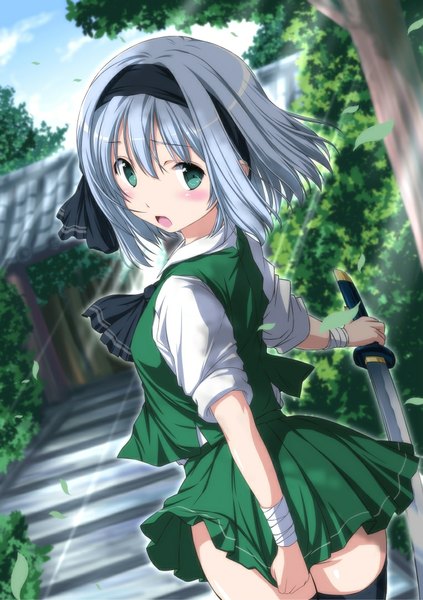 Anime picture 764x1083 with touhou konpaku youmu nori tamago single tall image blush short hair open mouth blue eyes silver hair looking back girl dress skirt weapon plant (plants) sword tree (trees) hairband katana